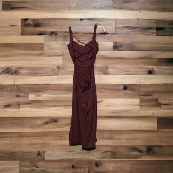 Halara Ruched Backless Crisscross Midi Dress Sz Small Womens Burgundy Lace Up Sp - Picture 5 of 7
